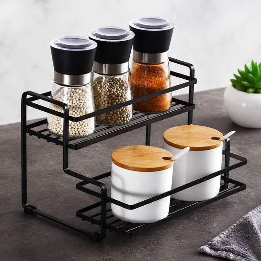 Two Tier Spice Rack – Black Metal Kitchen Storage Organizer